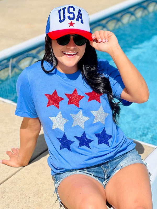 Red White And Blue Stars Patriotic Glitter Tee