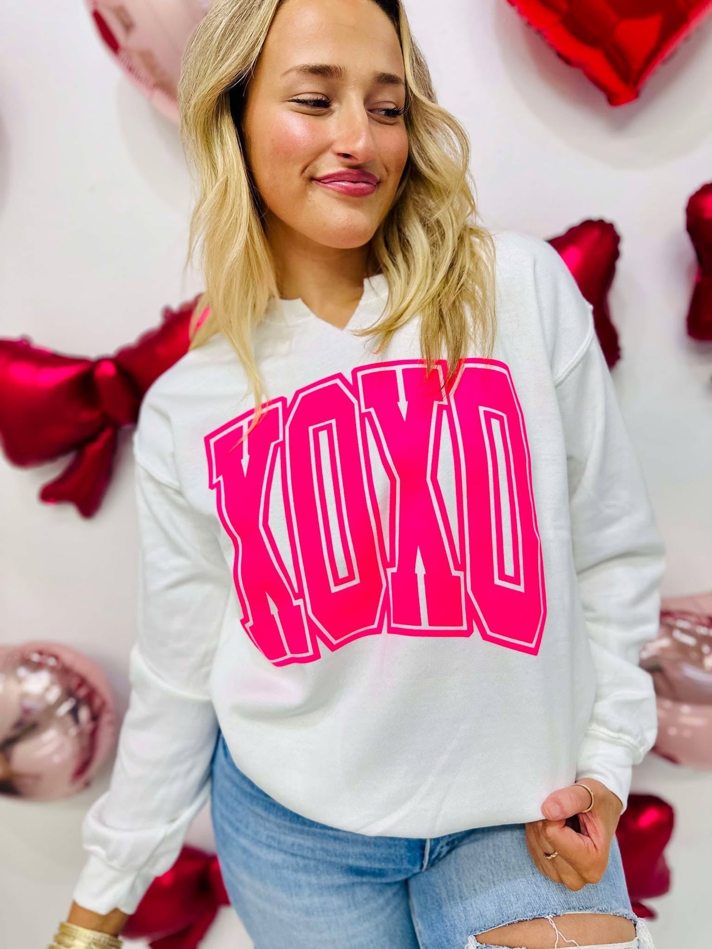 XOXO Varsity 25 V-Neck Valentine's Puff Sweatshirt