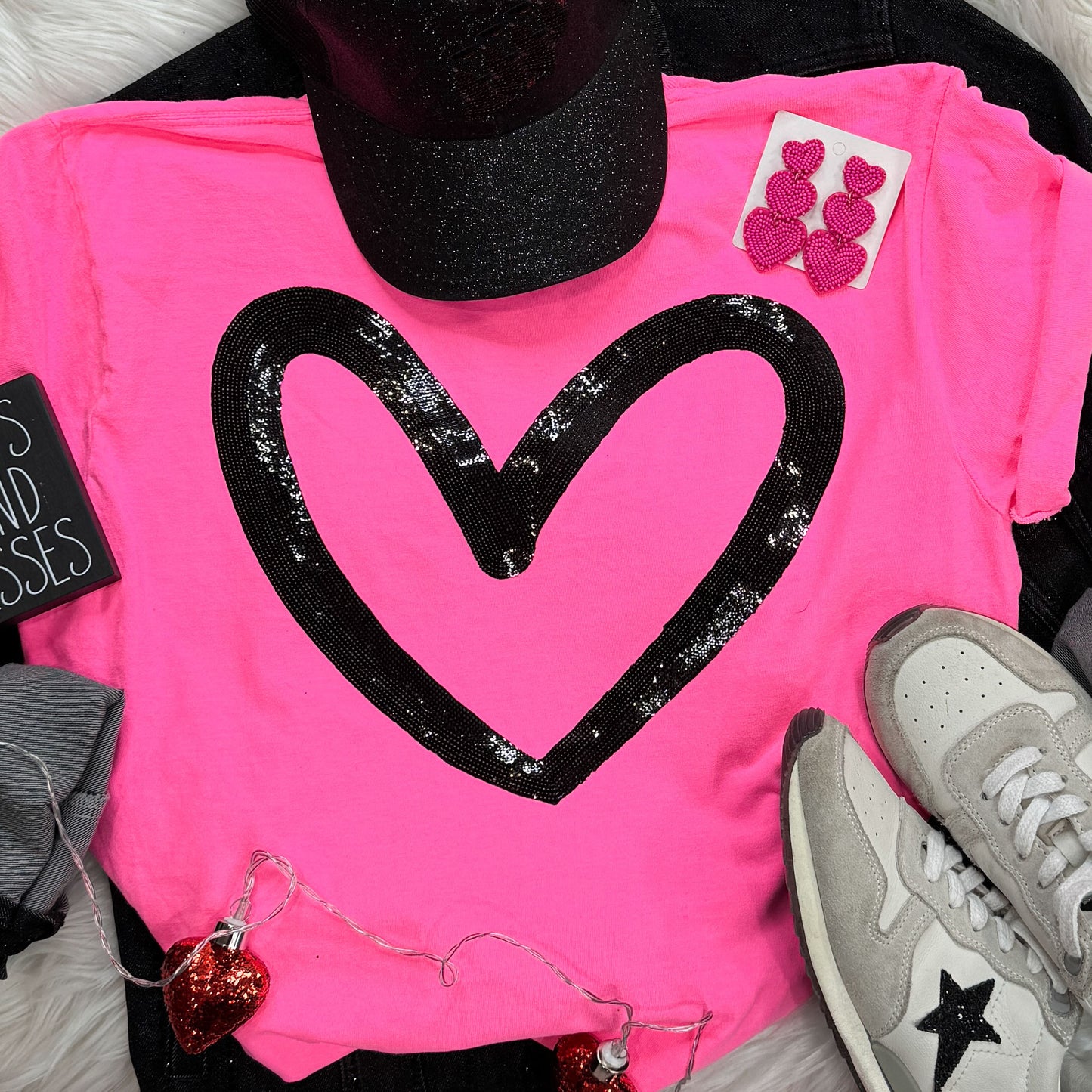 Black Cut-Out Sequin Heart Patch Tee