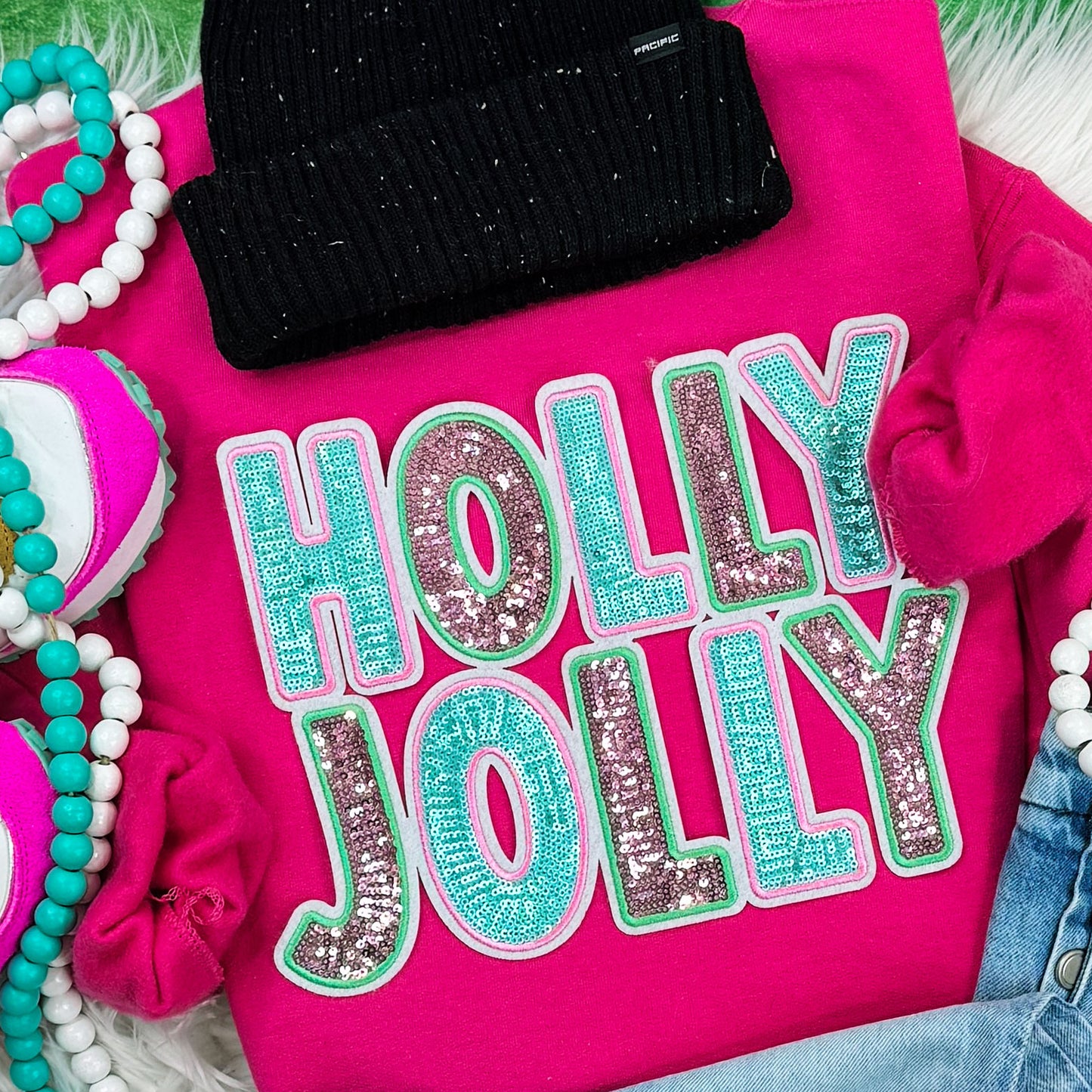 Holly Jolly Sequin Patch Heliconia Sweatshirt