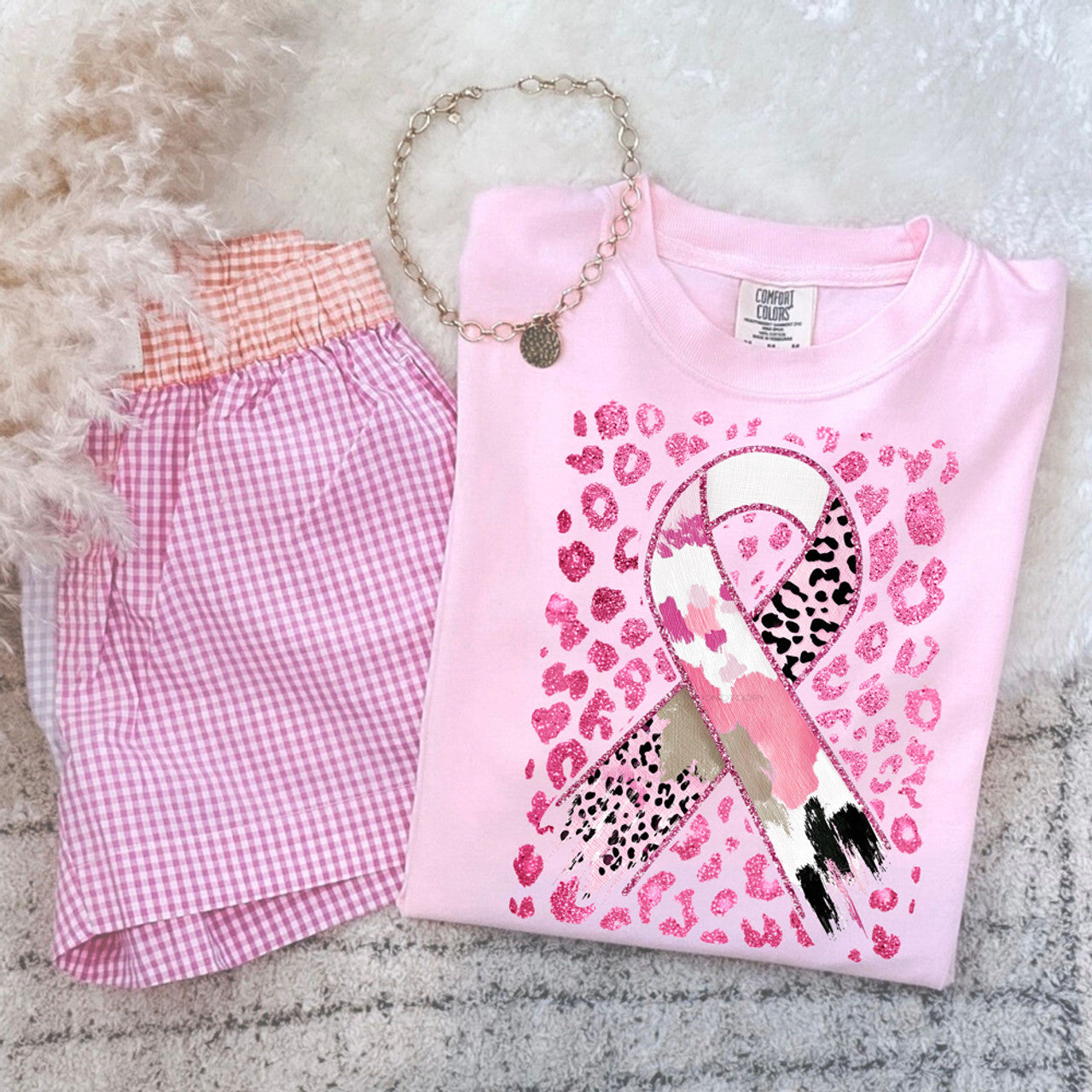 Breast Cancer Awareness Ribbon Faux Glitter Tee