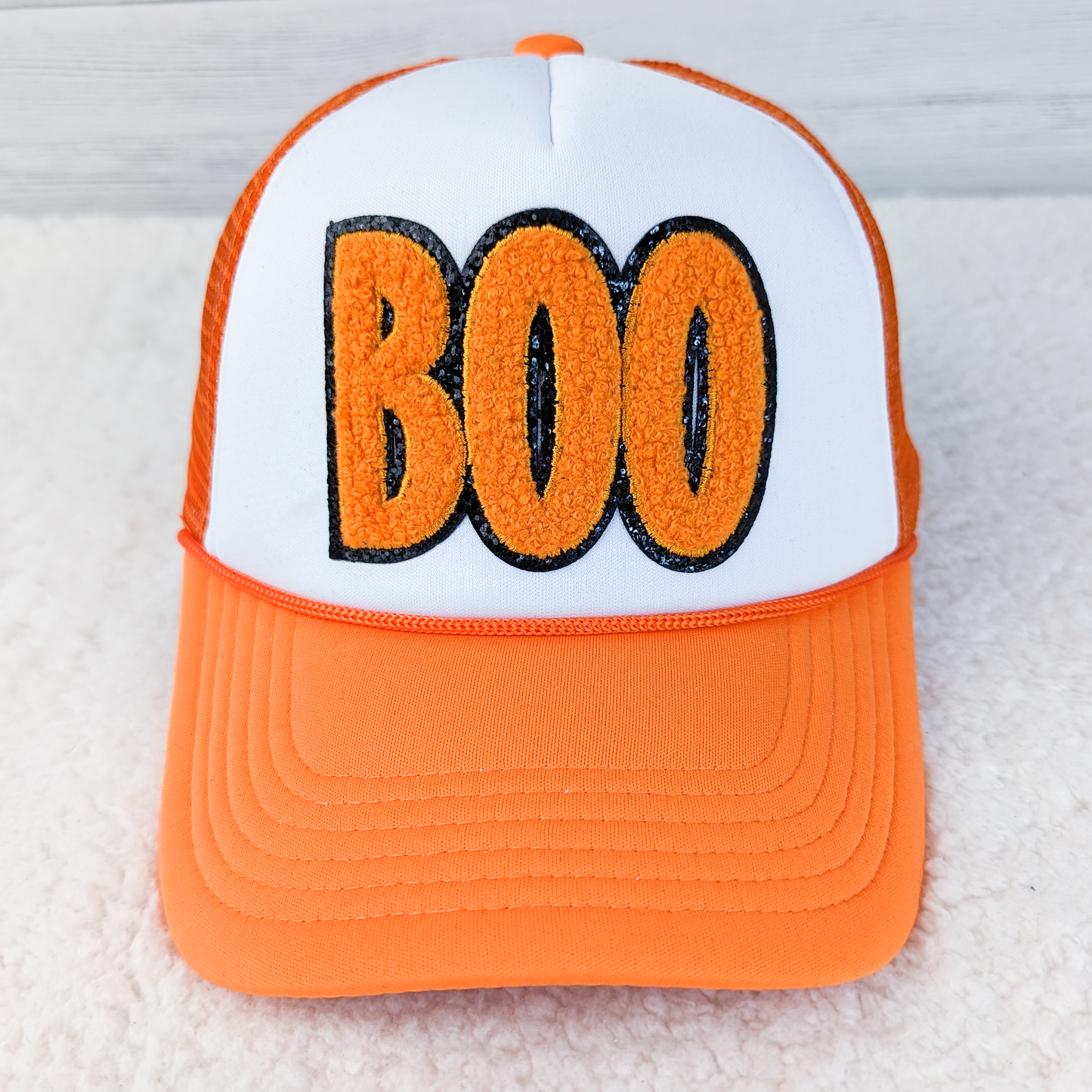 Orange and White Foam Hat with Chenille BOO