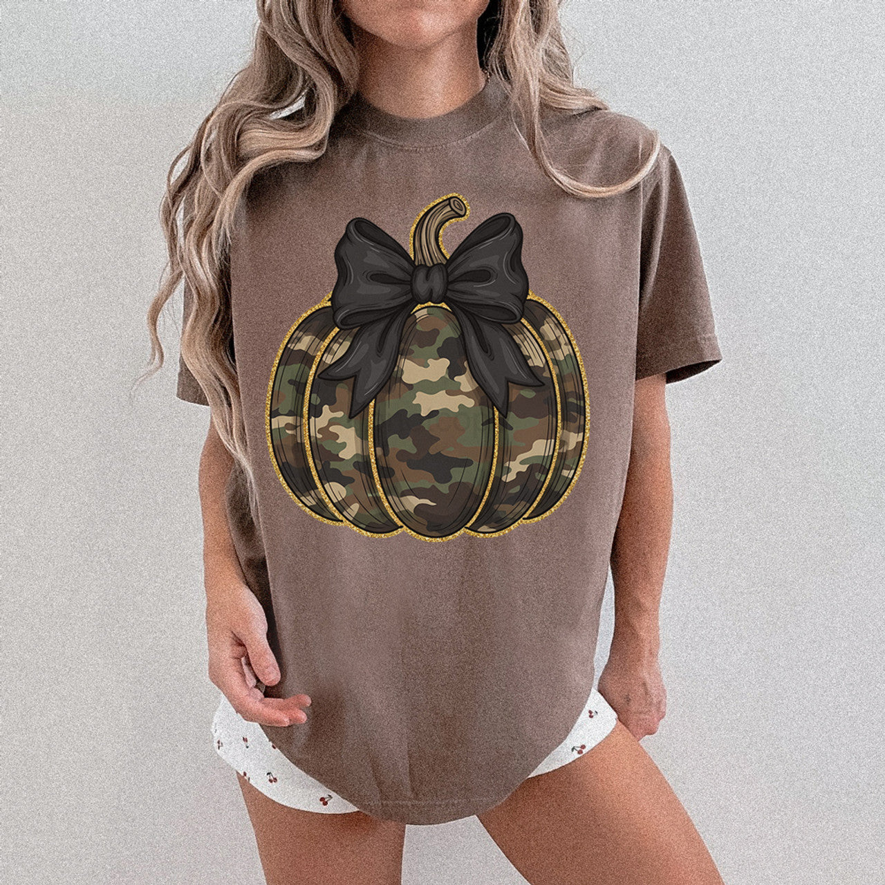 Camo Pumpkin Black Bow Tee