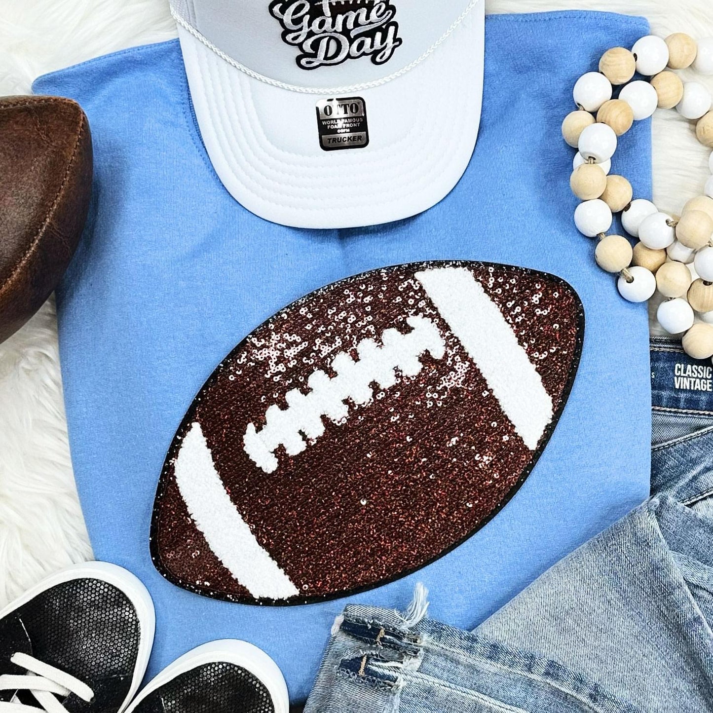 Sequins Football Chenille Patch Crewneck