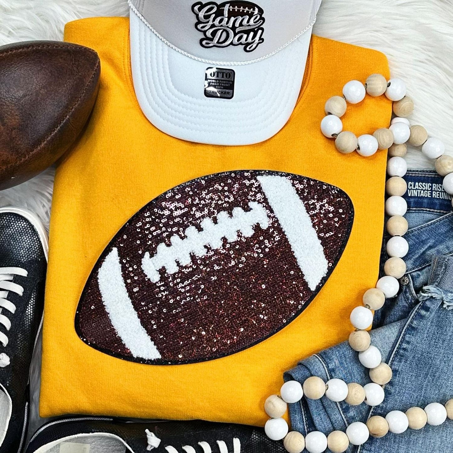 Sequins Football Chenille Patch Crewneck