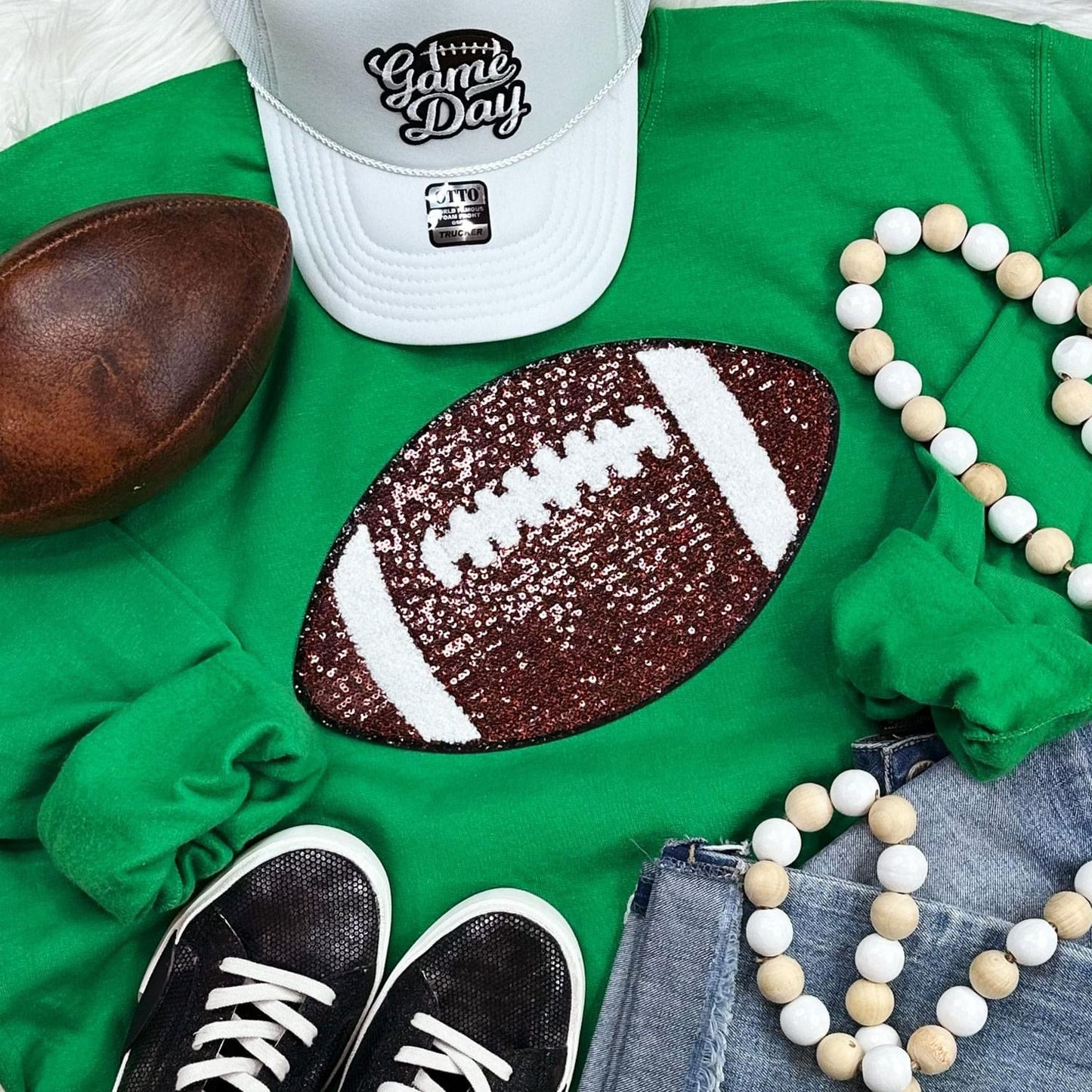 Sequins Football Chenille Patch Crewneck