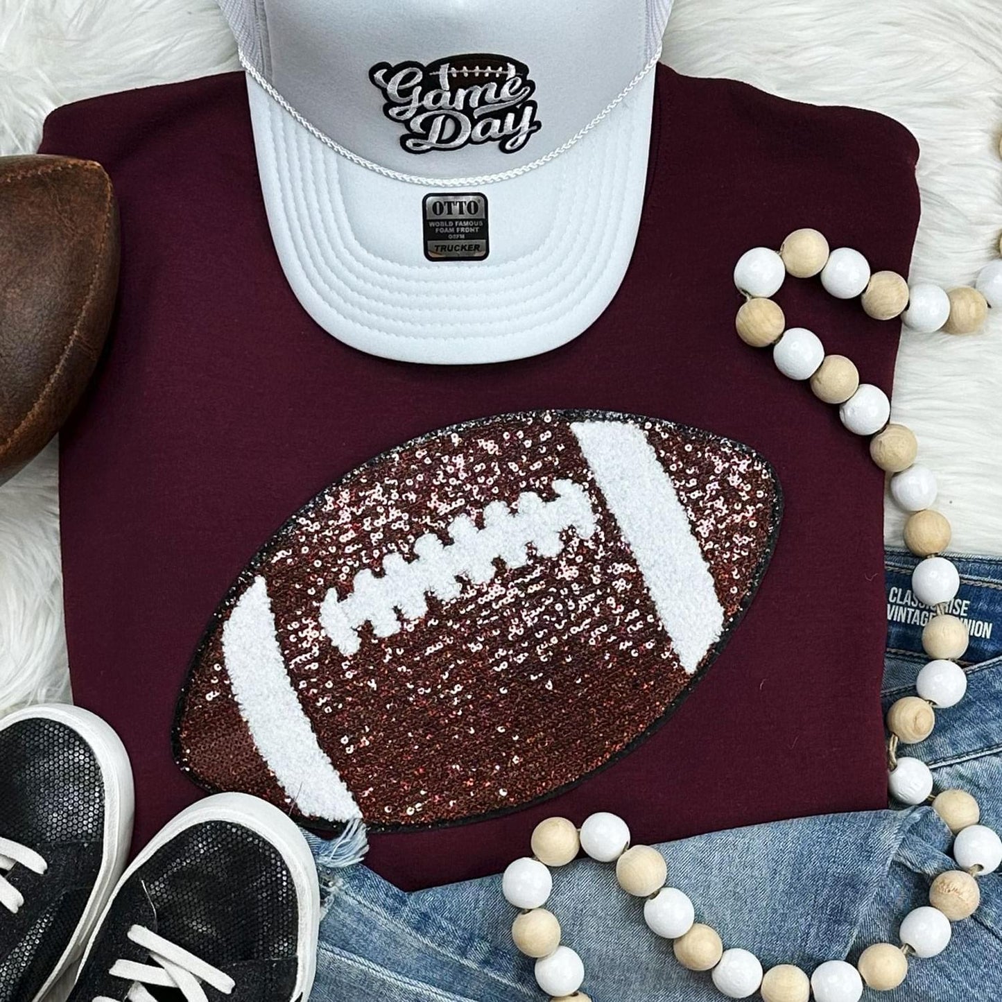 Sequins Football Chenille Patch Crewneck