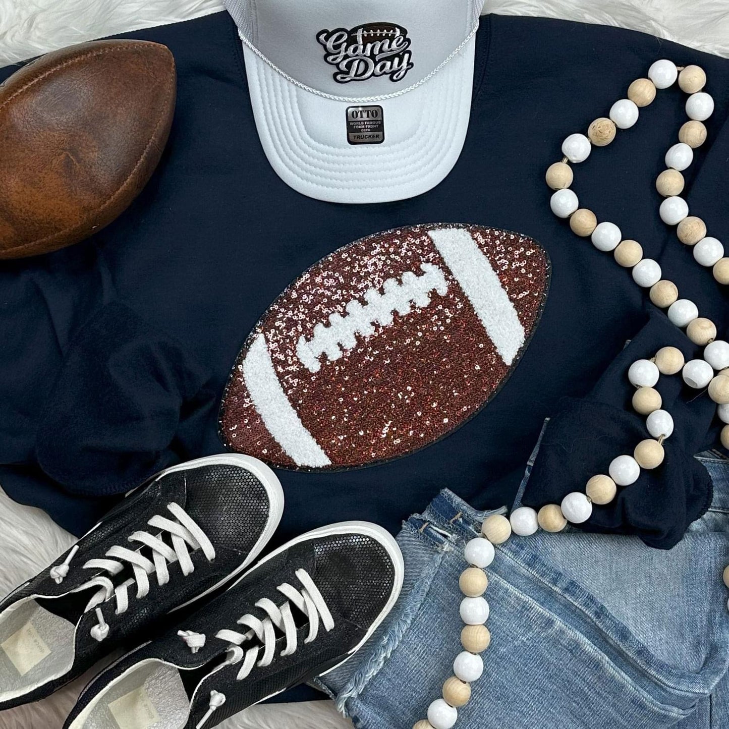Sequins Football Chenille Patch Crewneck