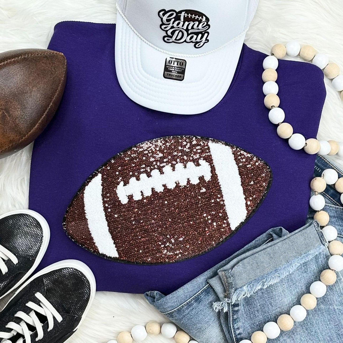 Sequins Football Chenille Patch Crewneck