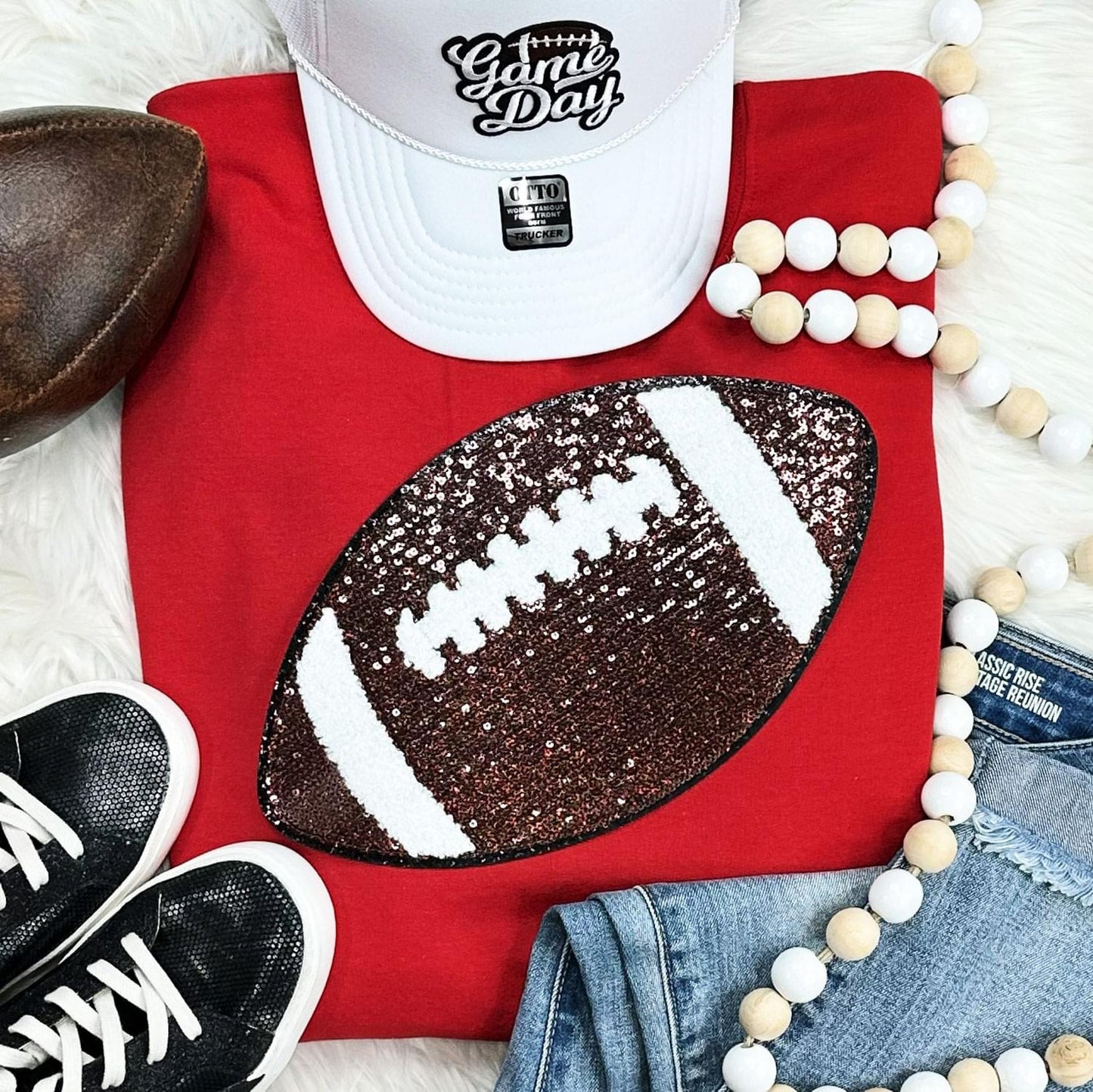 Sequins Football Chenille Patch Crewneck