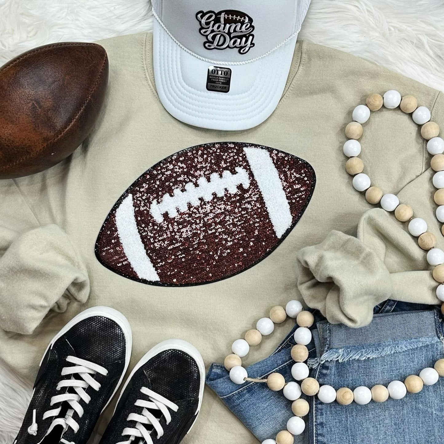 Sequins Football Chenille Patch Crewneck
