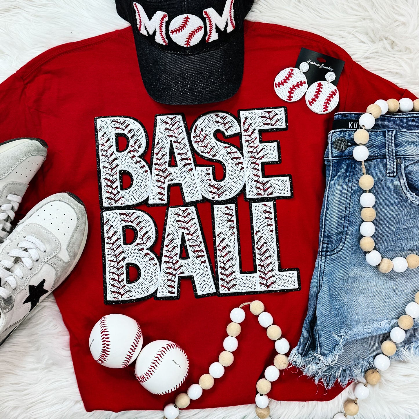 Baseball Words Sequin Patch Red Tee