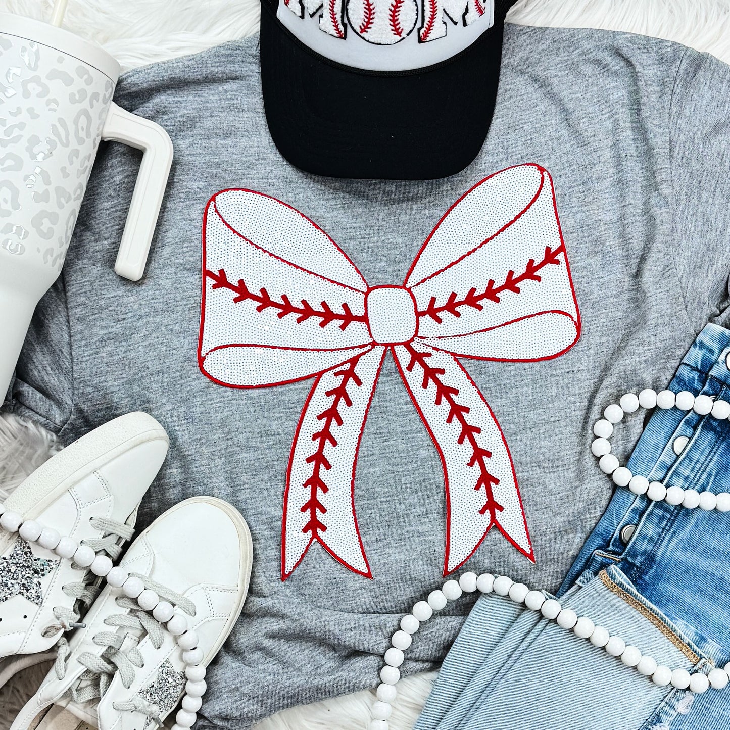 Sequin Baseball Heart Bow Patch Sport Grey Tee