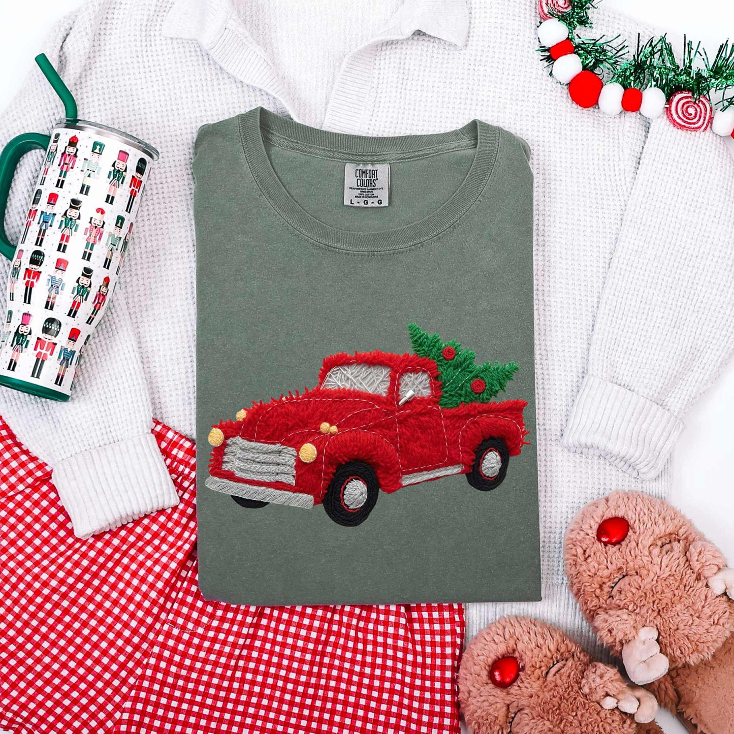 Faux Yarn Red Christmas Truck Tee