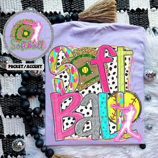 Retro Softball Black Dots FRONT/BACK Orchid Tee