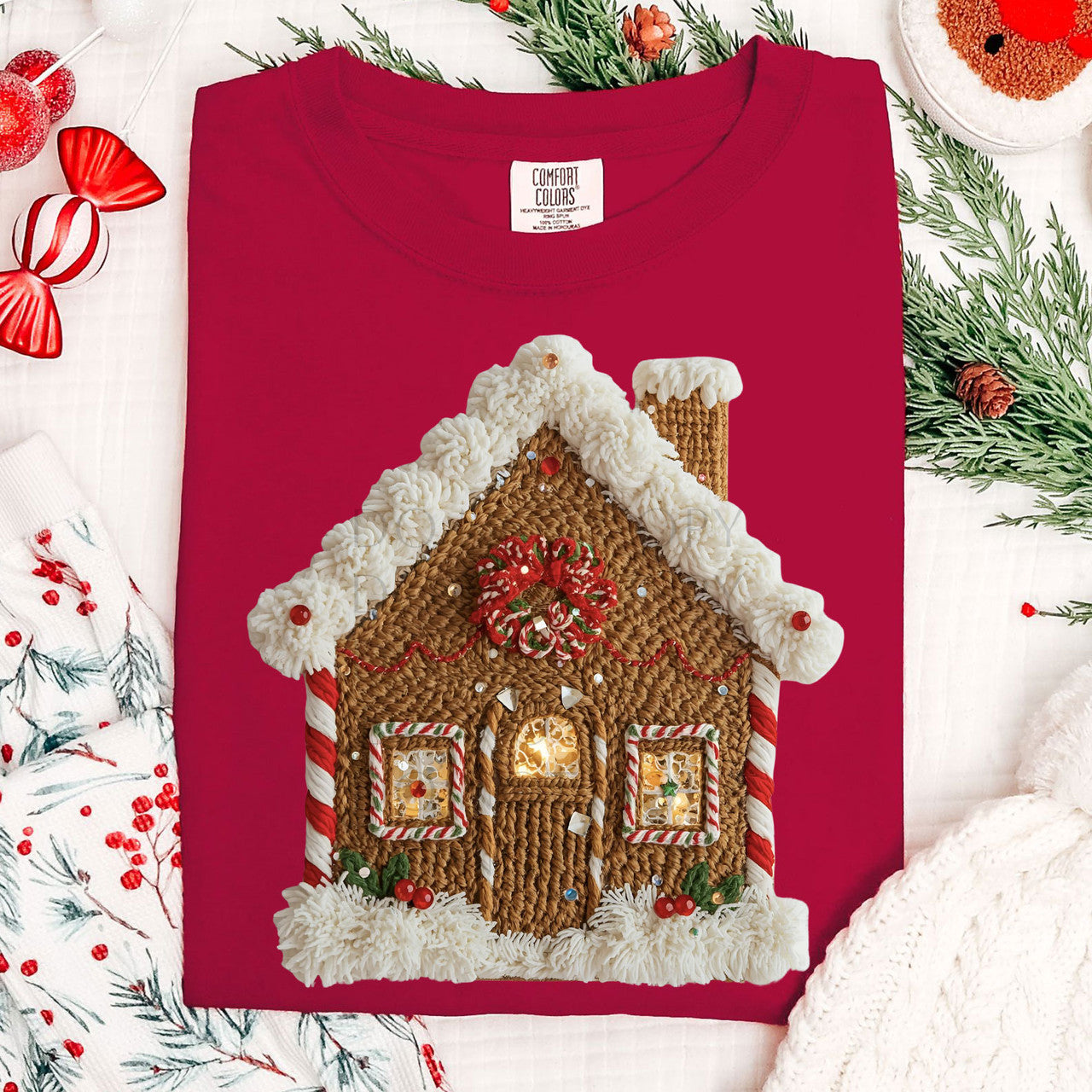Faux Yarn Gingerbread House Tee