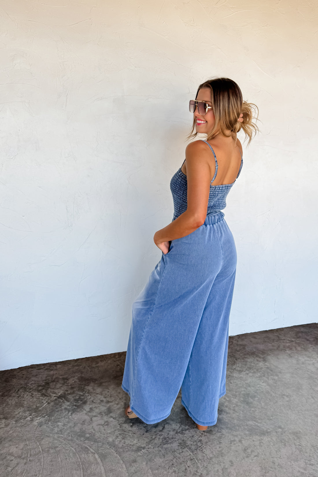 PREORDER- DENIM CRUSH SMOCKED ROMPER