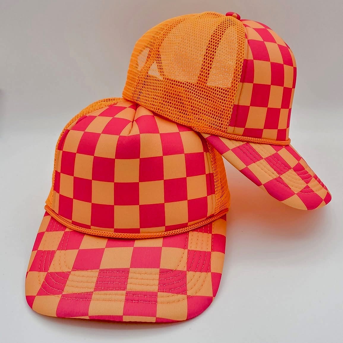Neon Pink & Orange Checkered Foam Trucker Hat