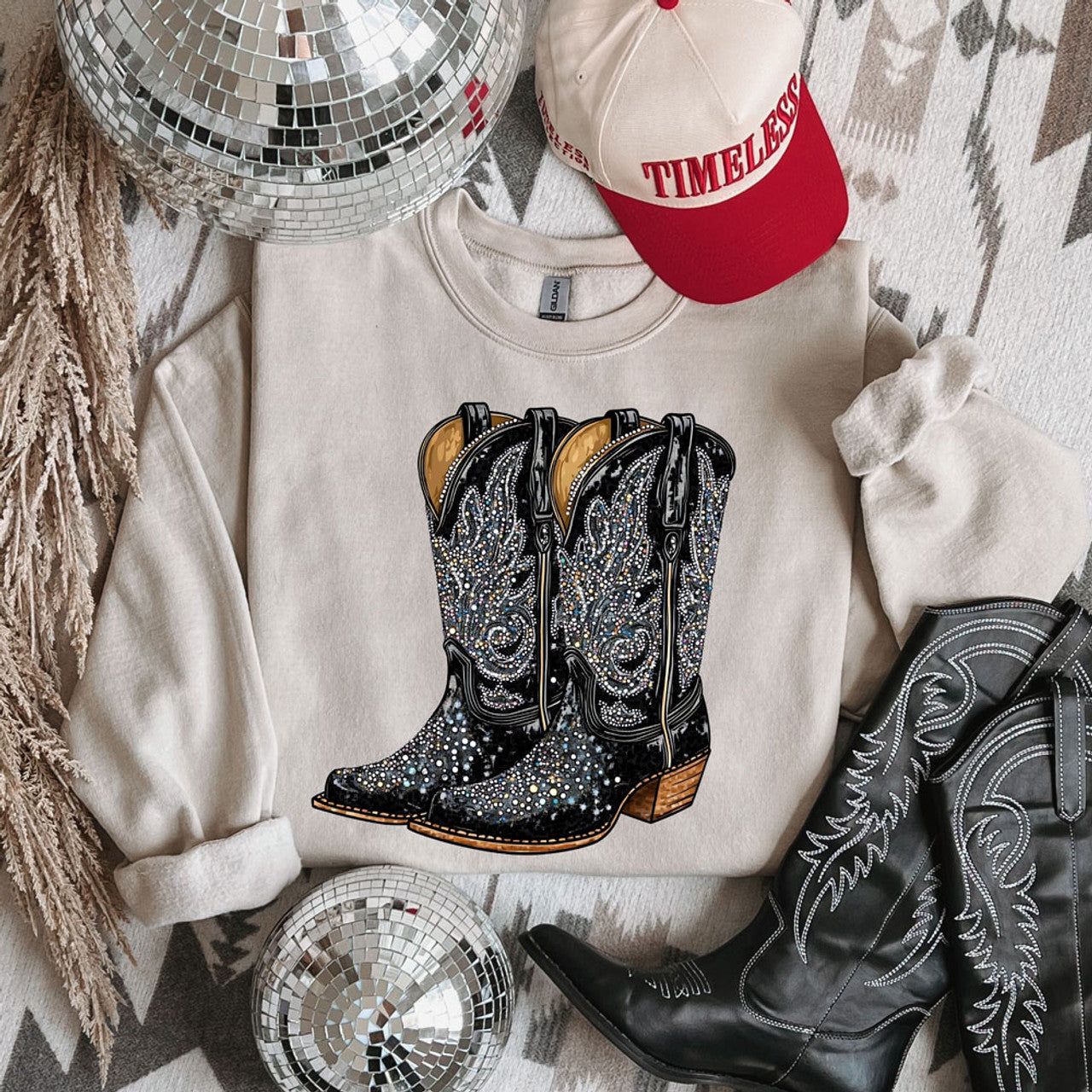 Faux Rhinestone Black Boots Crewneck/Tee