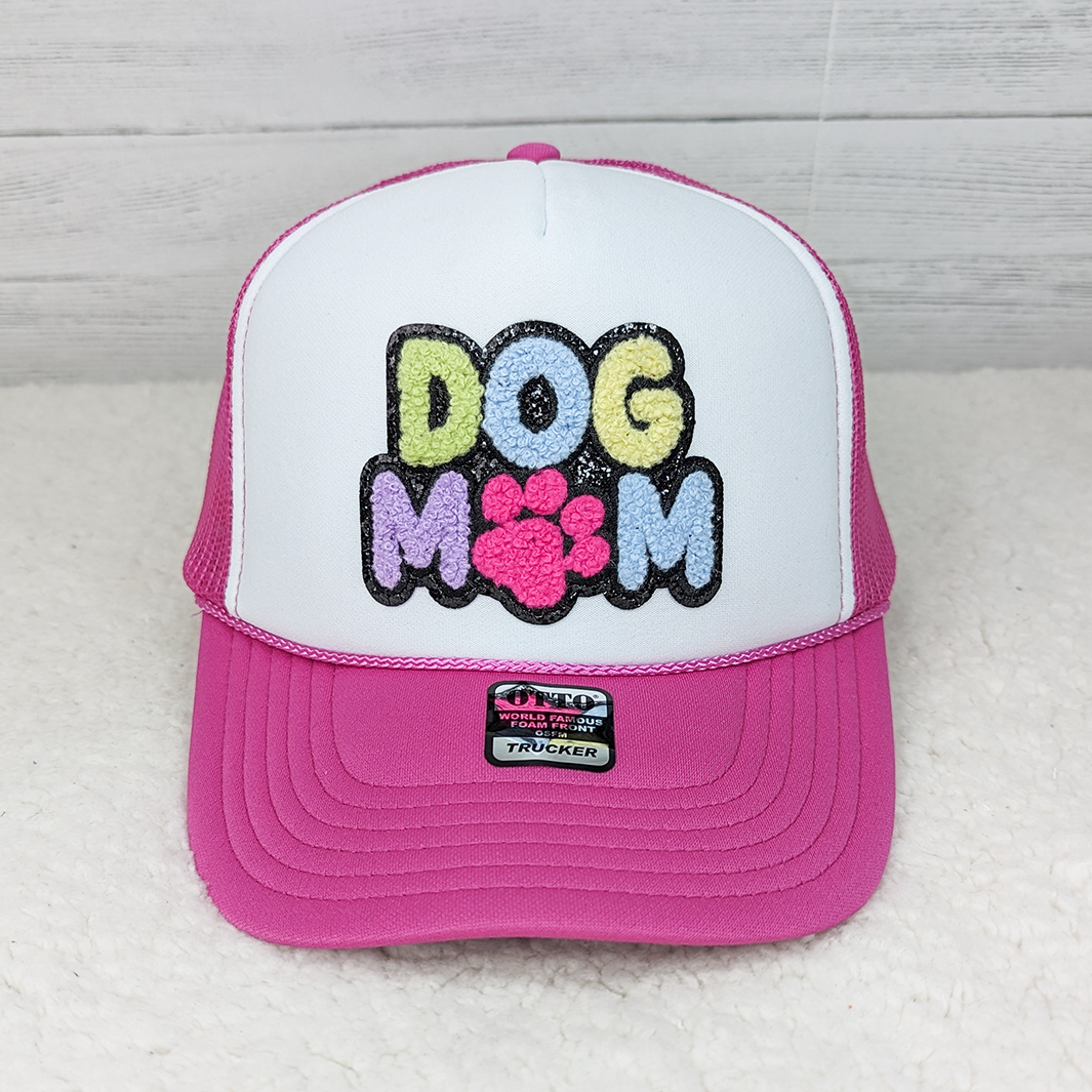 DOG MOM Glitter Chenille Trucker Cap