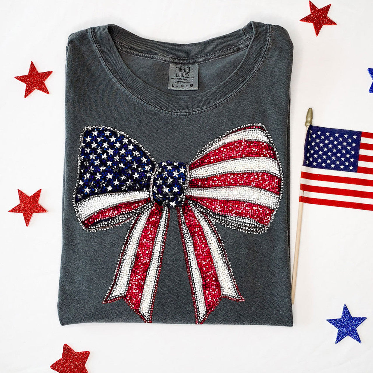 Faux Rhinestone Stars And Stripe Bow Tee