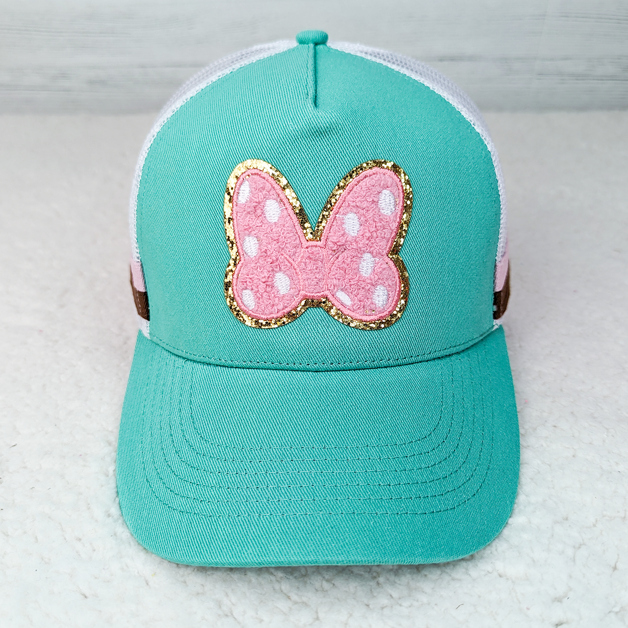 Glitter Chenille Bow onTurquoise and White Trucker Cap