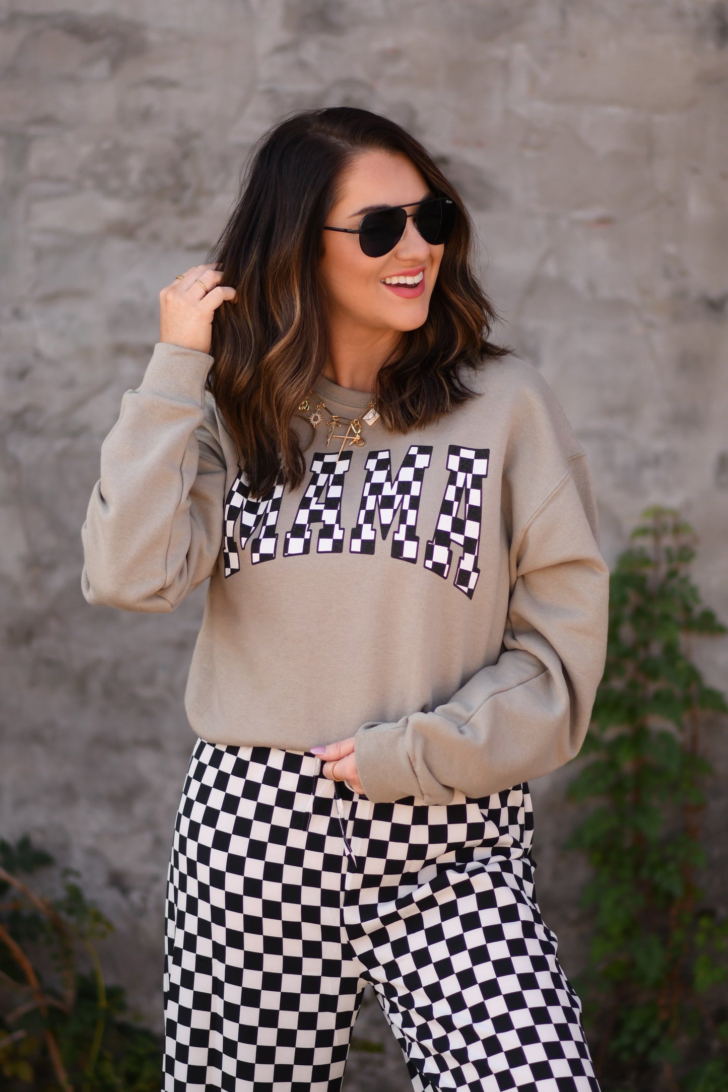 Khaki Checkered MAMA Sweatshirt (Set Available)