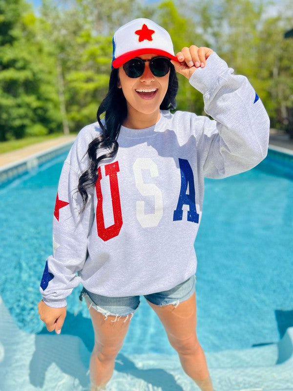 USA Glitter Sweatshirt With Star Sleeve Details