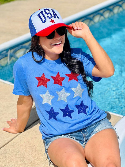 Red White And Blue Stars Patriotic Glitter Tee