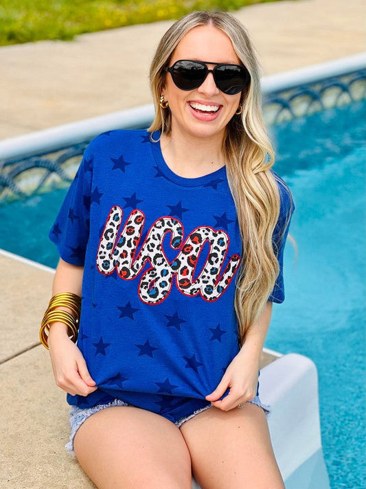 USA Cursive Leopard Applique Star Tee