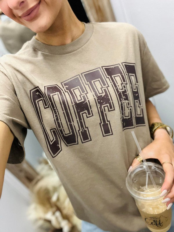 Coffee Distressed Varsity Curved Tee