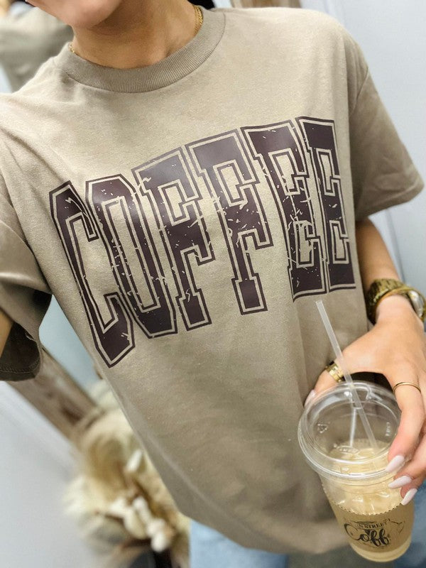 Coffee Distressed Varsity Curved Tee