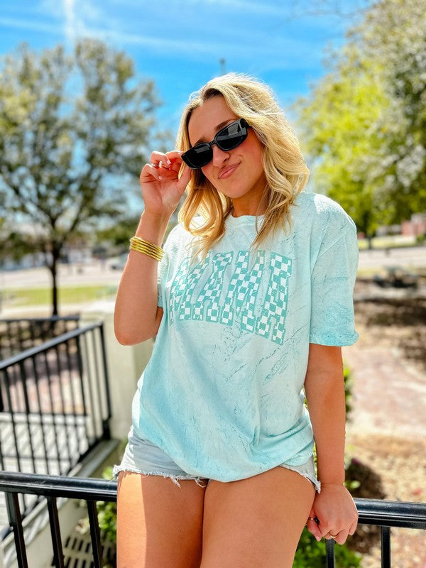 Mama Teal Distressed Checkered Tee