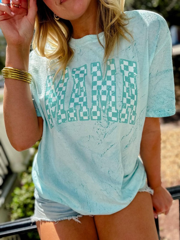 Mama Teal Distressed Checkered Tee