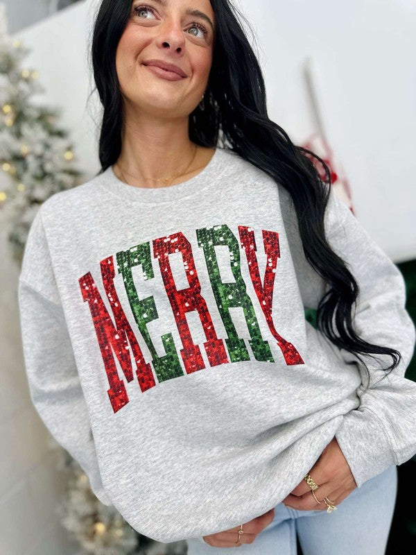 Merry Curved Varsity Sequin DTF Sweatshirt