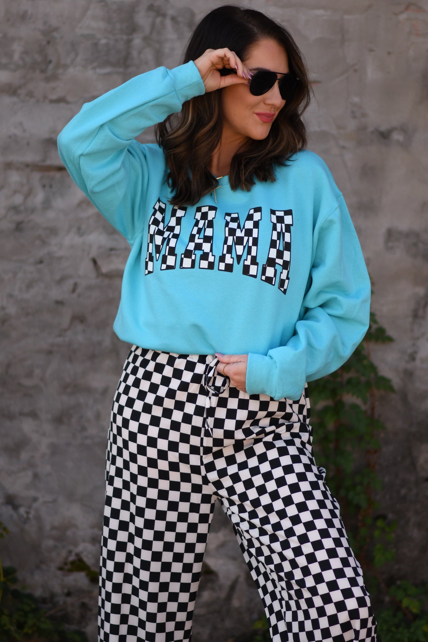 Turquoise Checkered MAMA Sweatshirt (Set Available)