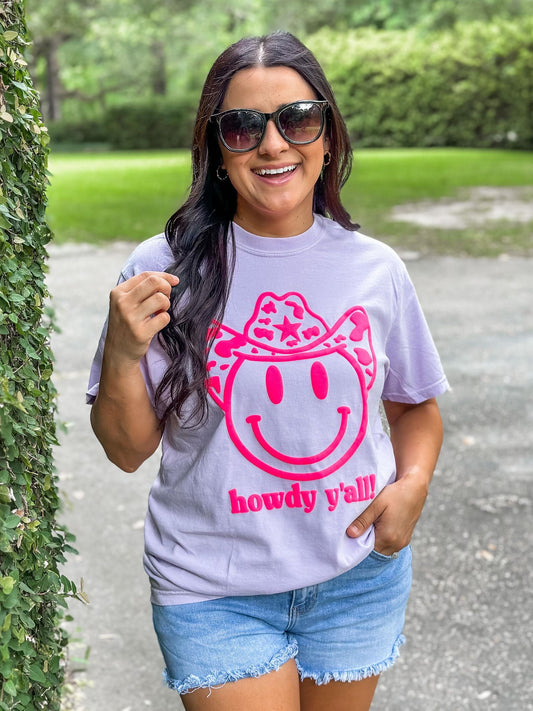 Howdy Y'all Happy Face Cow Cowboy Hat Puff Tee