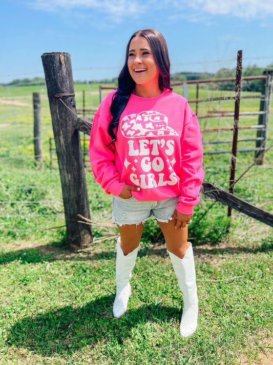 Lets Go Girls Cow Print Hat Puff Sweatshirt