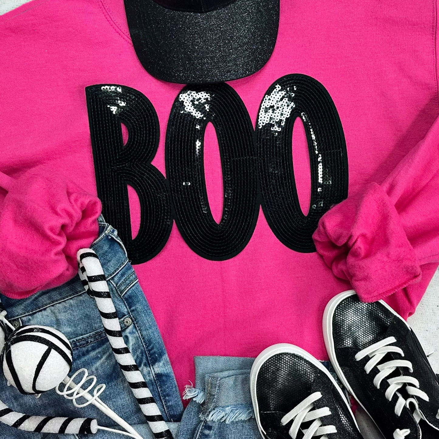 Black Sequins BOO Patch Neon Pink Tee/Sweatshirt