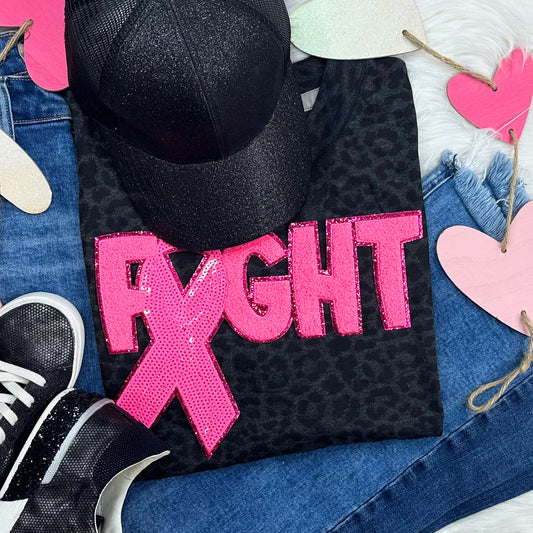 Pink Ribbon Sequins Black Leopard Shirt