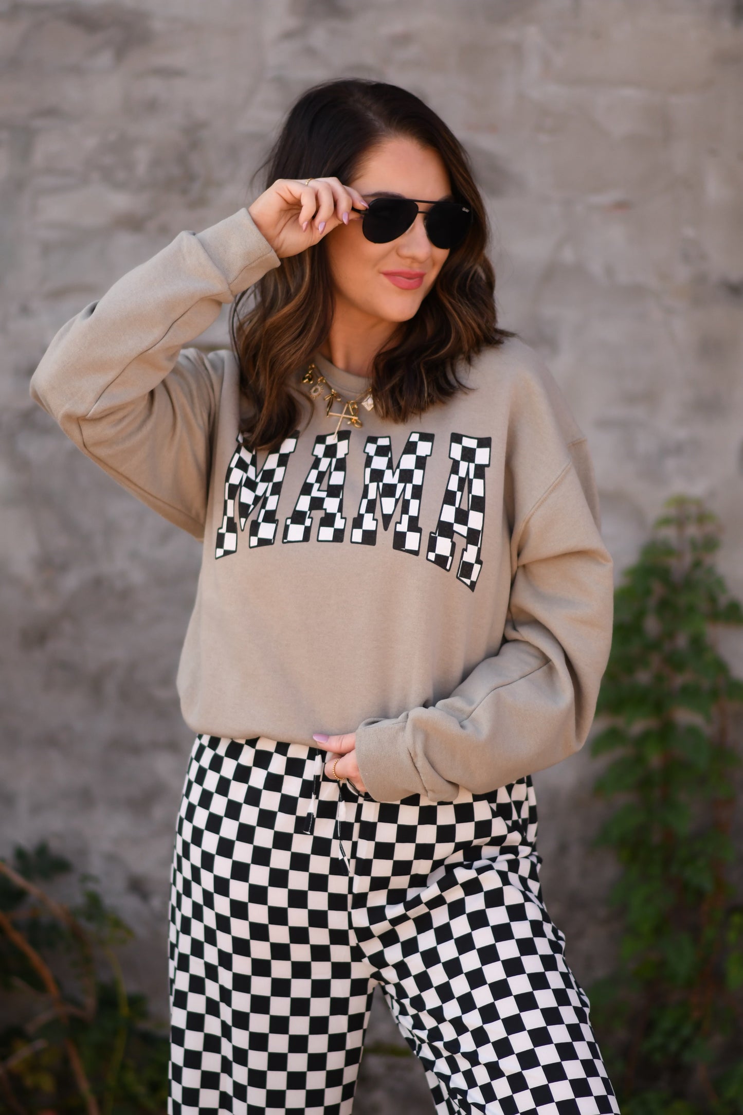 Khaki Checkered MAMA Sweatshirt (Set Available)