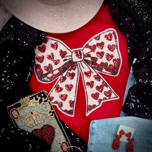 Pink Bow with Red Hearts Sequin Patch Red Tee