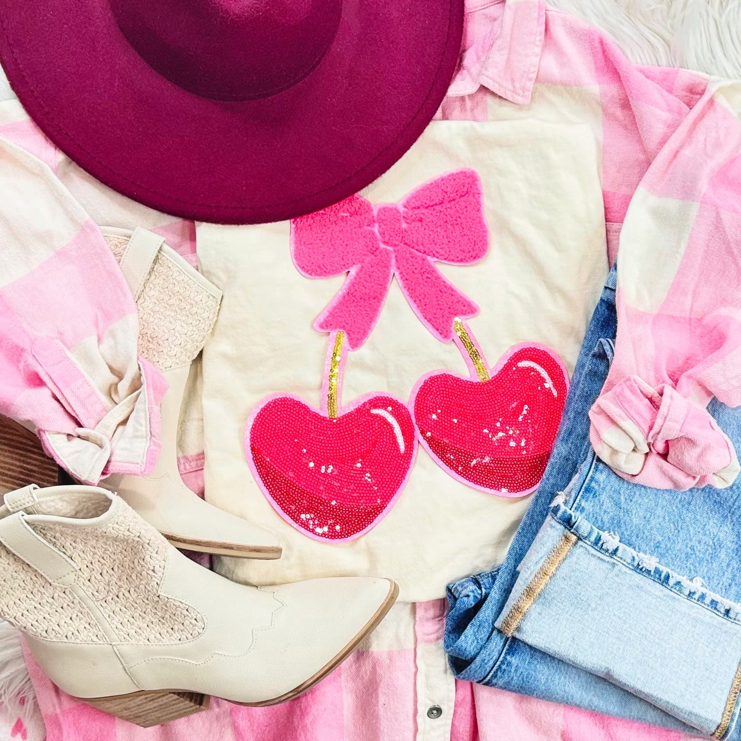 Heart Cherries Sequin Patch Tee