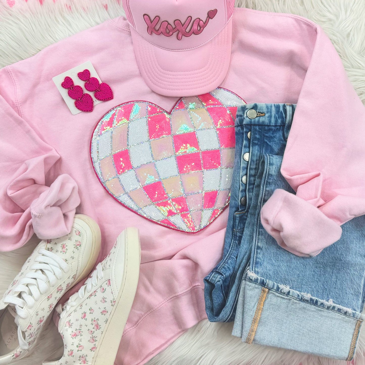 Disco Ball Heart Sequin Patch Sweatshirt