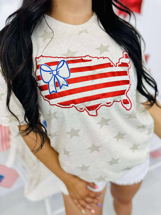 USA with Bow Metallic Puff Star Graphic Tee Shirt