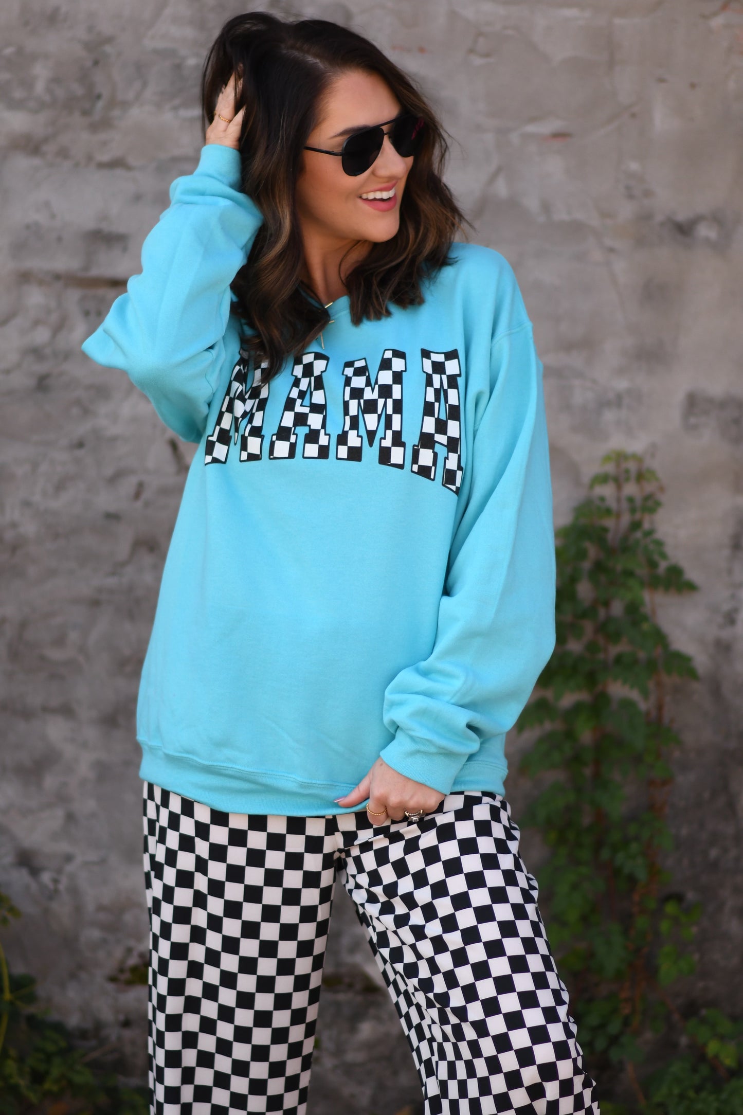 Turquoise Checkered MAMA Sweatshirt (Set Available)