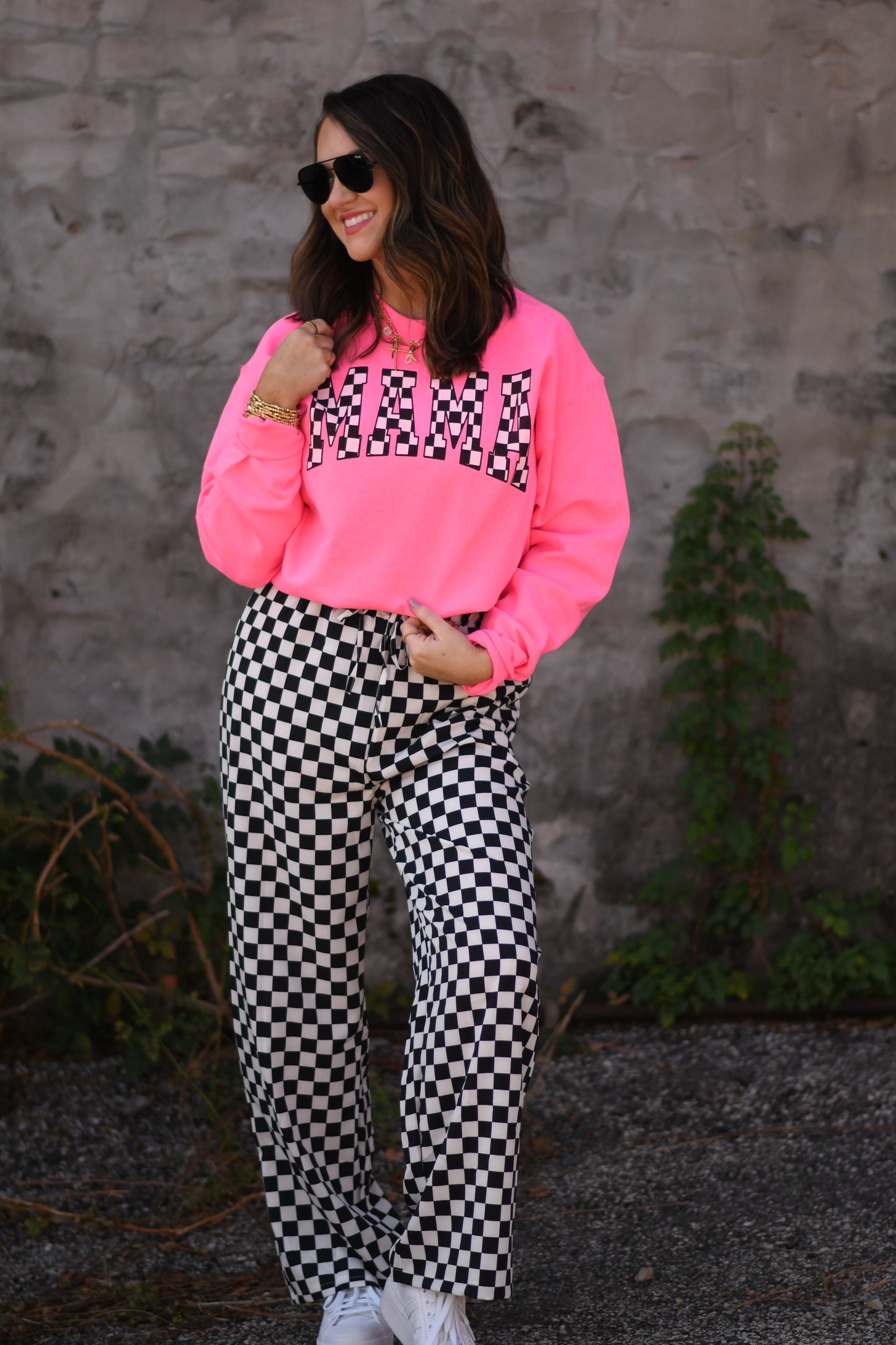 Neon Pink Checkered MAMA Sweatshirt