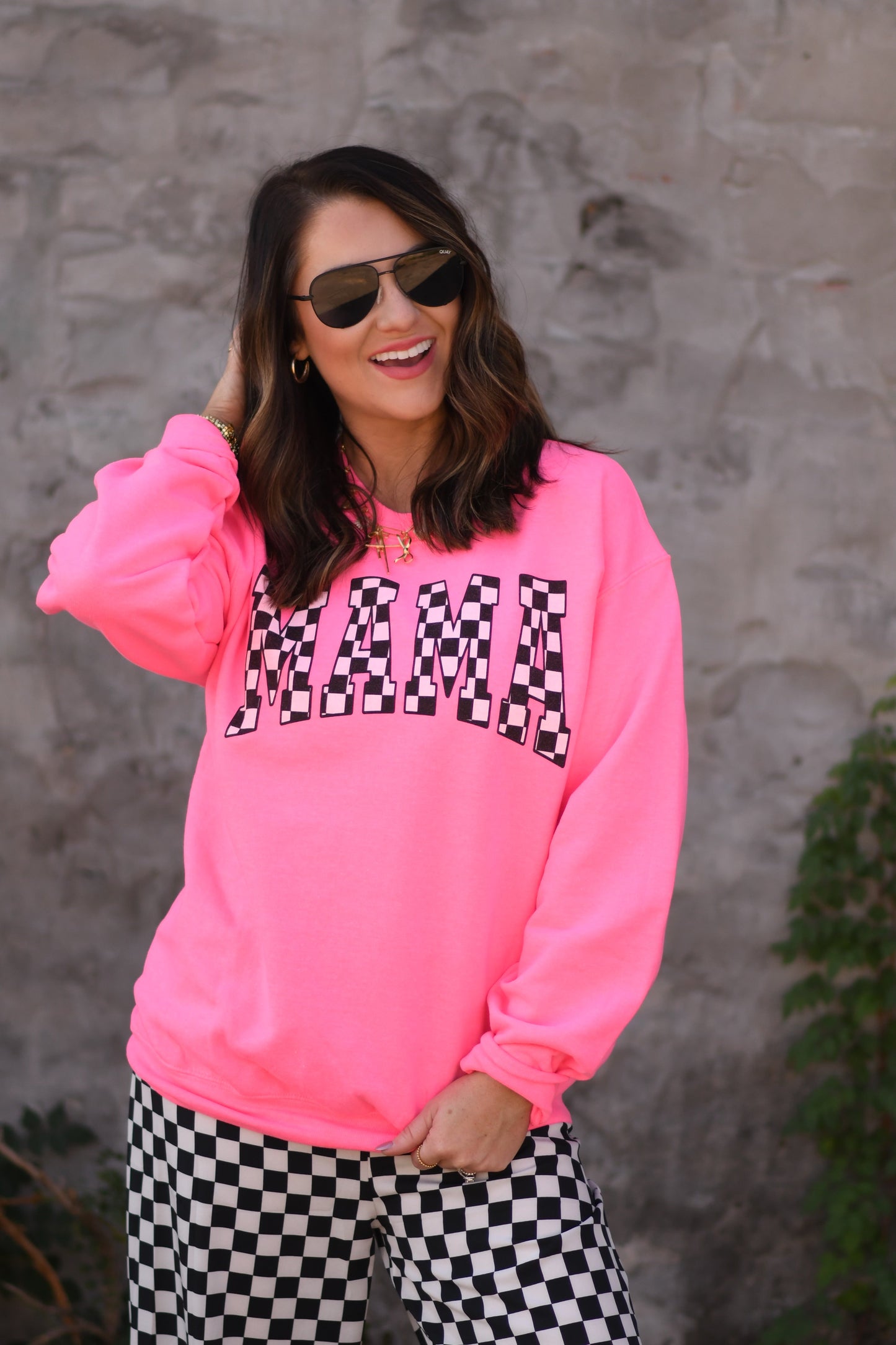 Neon Pink Checkered MAMA Sweatshirt