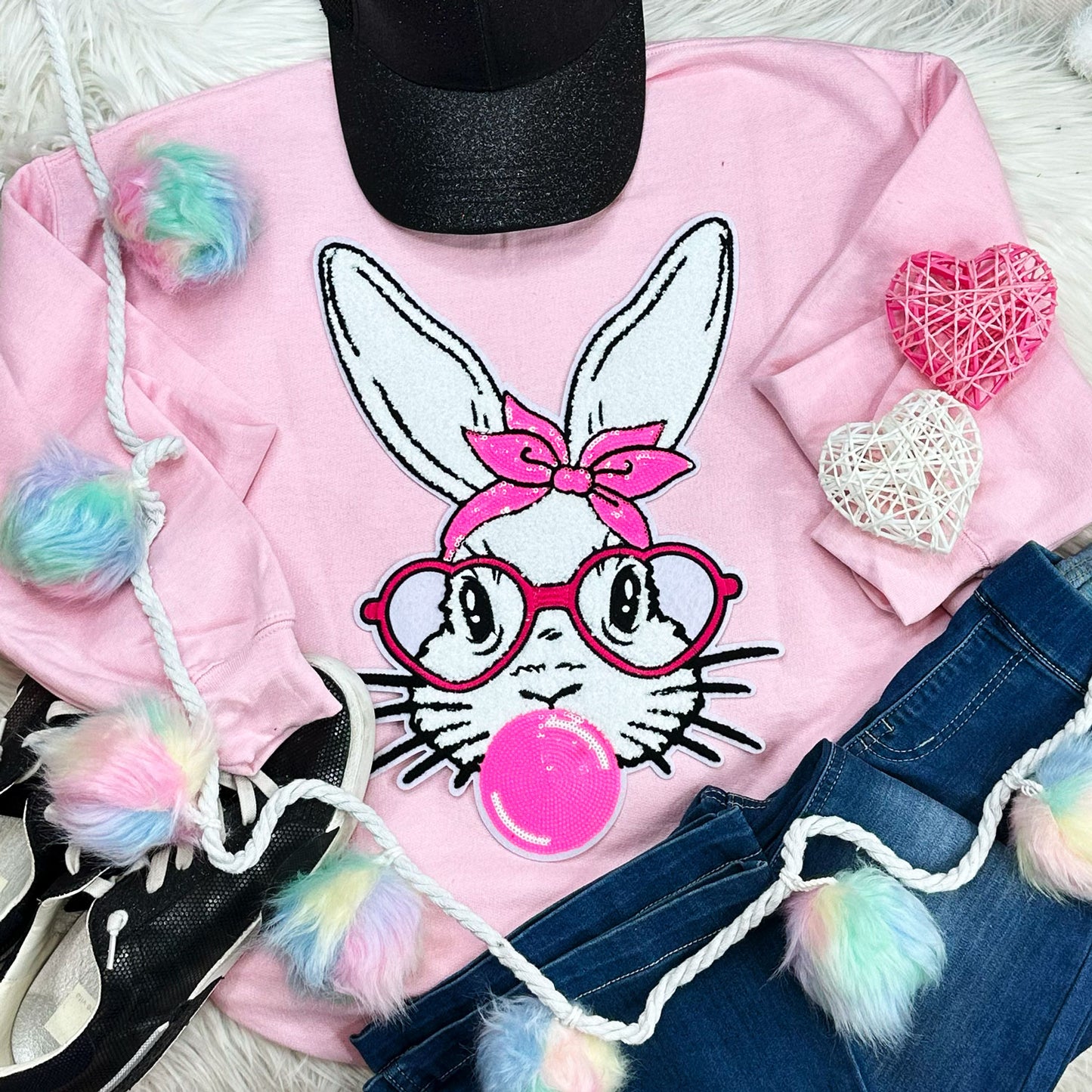 Bunny with Glasses Chenille Patch Crewneck Sweatshirt