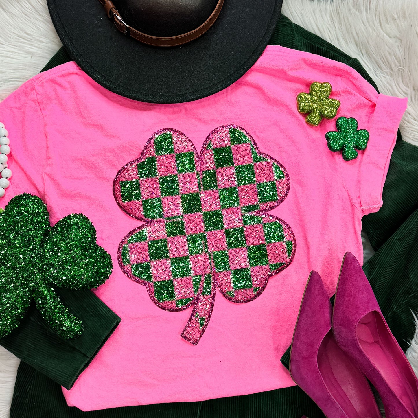 Checkered Shamrock Sequin Patch Tee